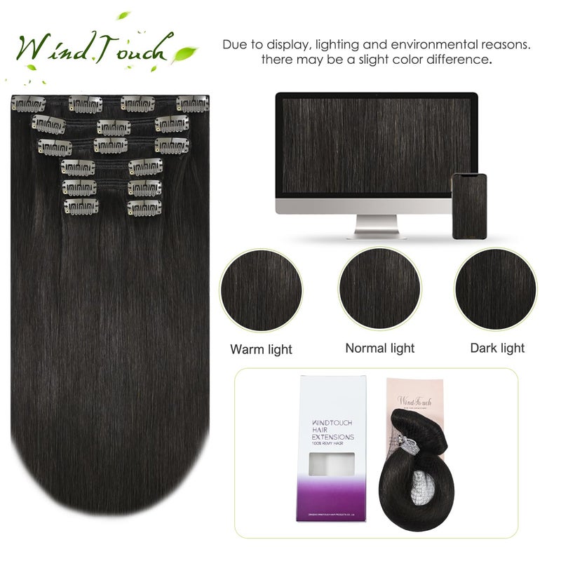 WindTouch إضافات شعر ويند تاتش القابلة للتثبيت بشعر بشري 22 بوصة 120 جرام 7 قطع #2 بني داكن إضافات شعر مستقيمة قابلة للتثبيت بشعر بشري حقيقي مزدوج الخيوط - Image 4
